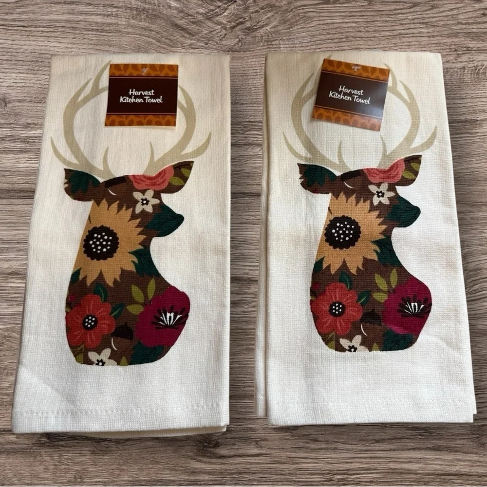 Set of 2 Autumn Bouquet Deer Dual Kitchen Towels - NWT